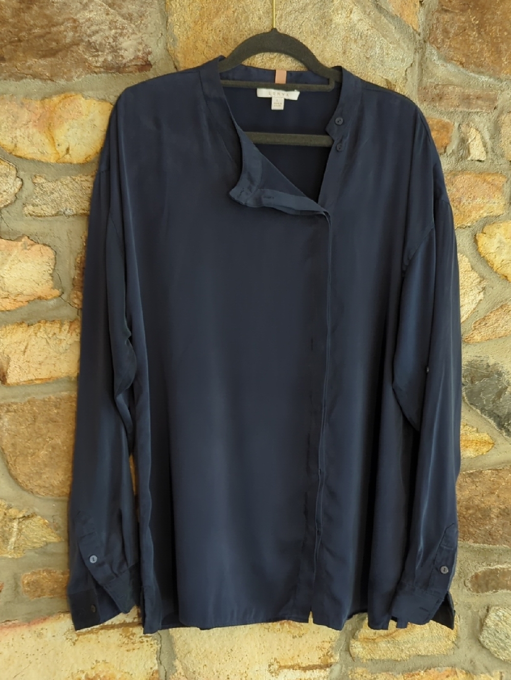 lunya Navy Blue Long Sleeve Button-Down Silk Shirt